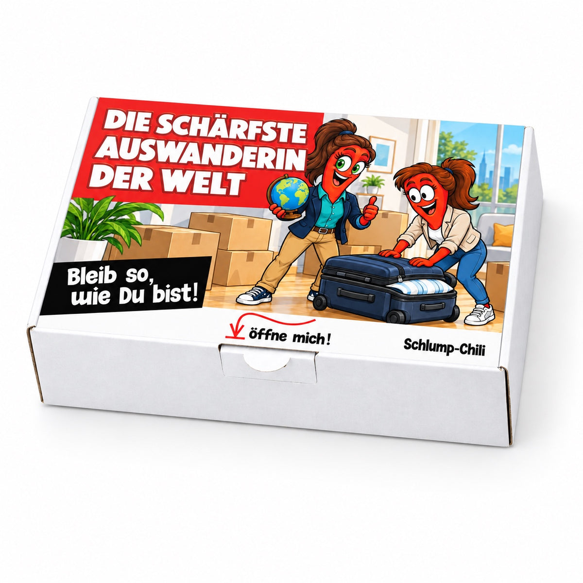 Die schärfste Auswanderin der Welt – Geschenkbox Schrägansicht