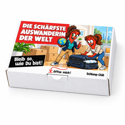 Die schärfste Auswanderin der Welt – Geschenkbox Schrägansicht