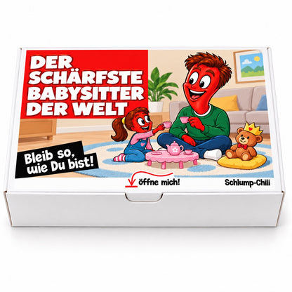 Der schärfste Babysitter der Welt – Geschenkbox Vorderansicht
