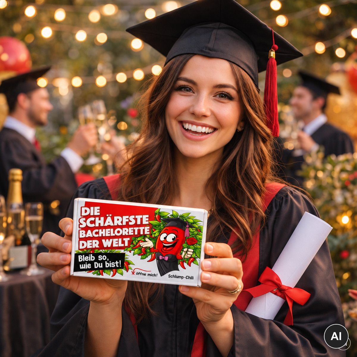 Absolventin mit Bachelorette-Geschenk zum Abschluss