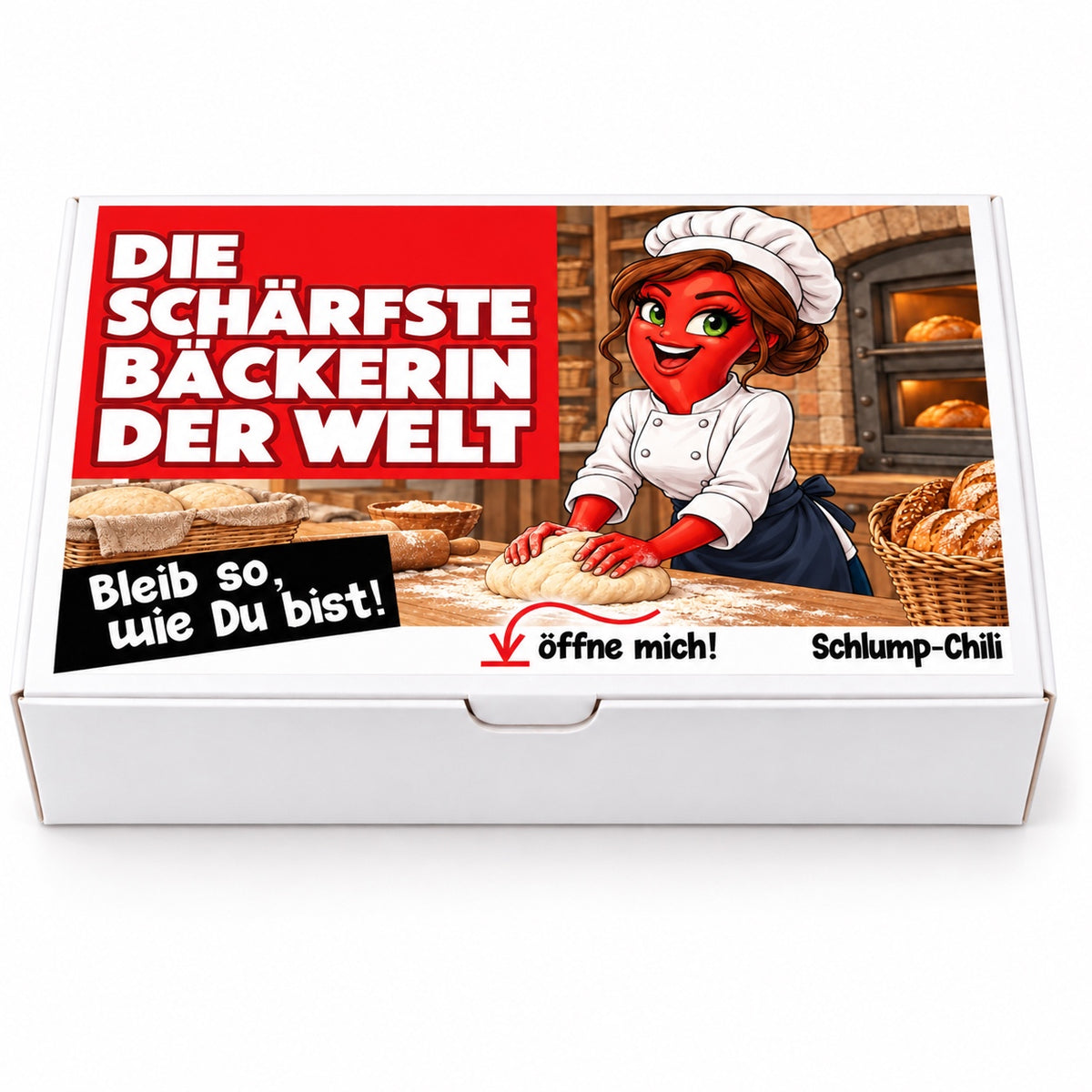 Die schärfste Bäckerin der Welt – weiße Geschenkbox, Vorderansicht