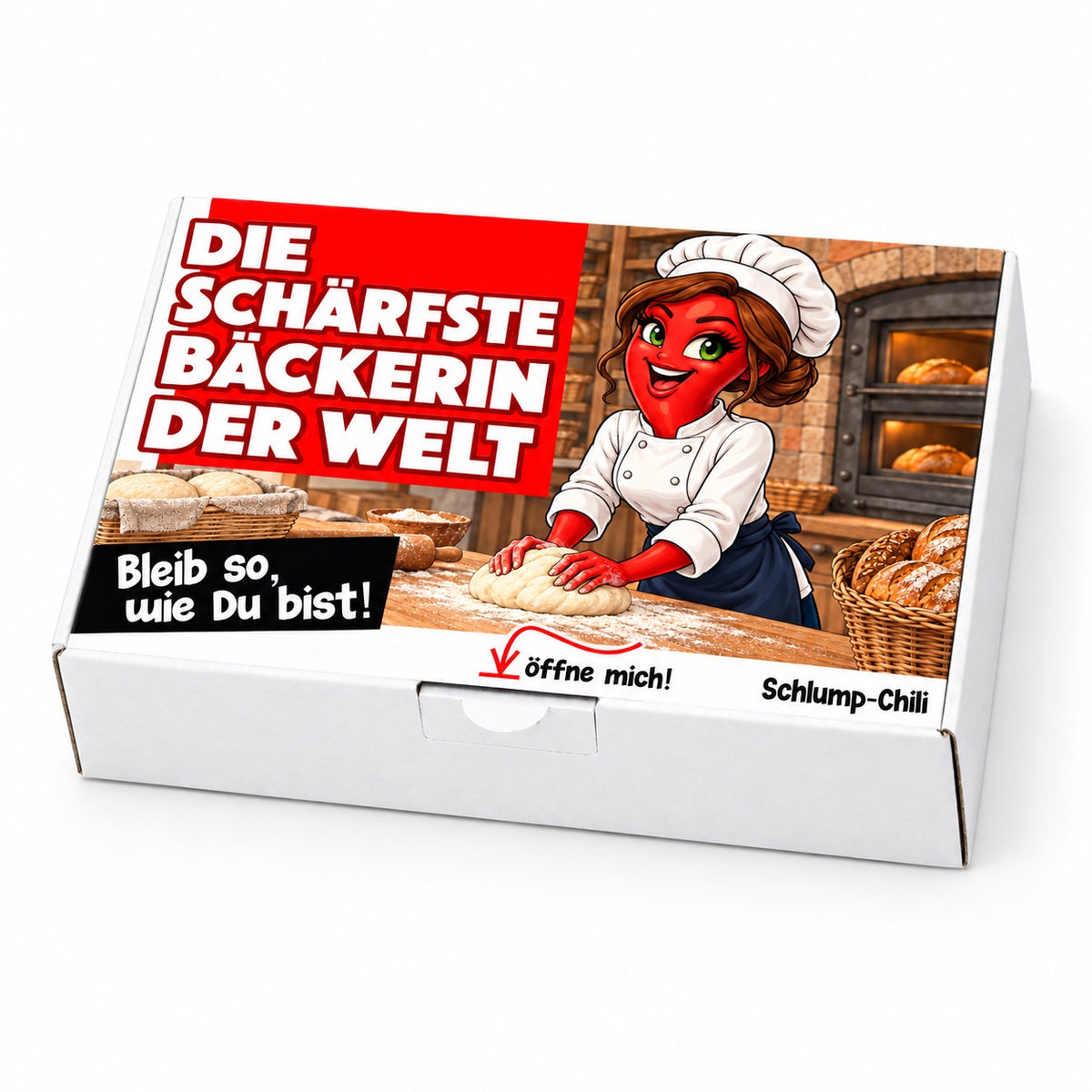 Die schärfste Bäckerin der Welt – weiße Geschenkbox, Schrägansicht