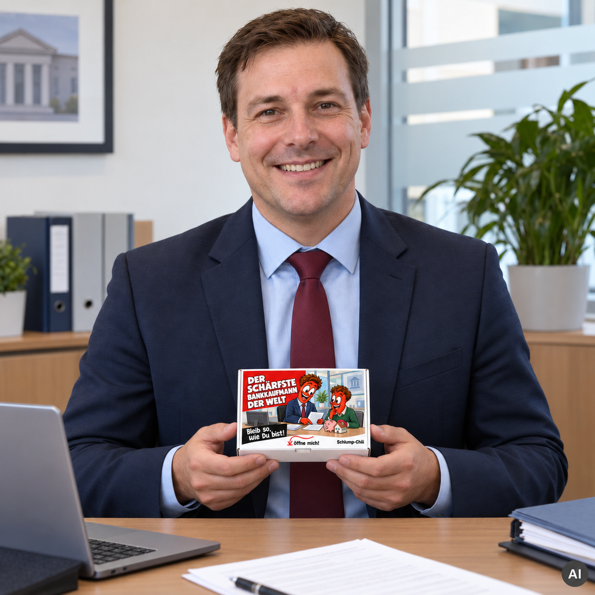 Der schärfste Bankkaufmann der Welt – kleine Geschenkbox in der Hand (AI)