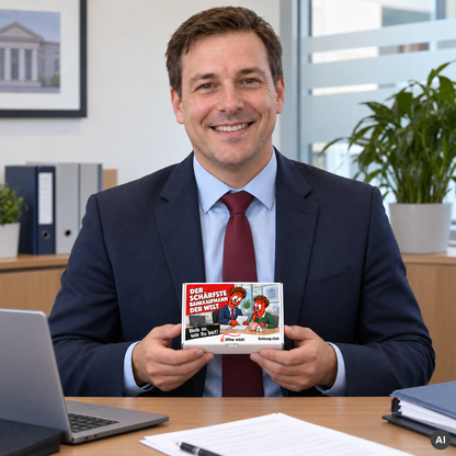 Der schärfste Bankkaufmann der Welt – kleine Geschenkbox in der Hand (AI)