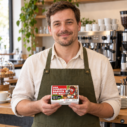 Der schärfste Barista der Welt – Lifestylebild mit kleiner Geschenkbox (AI)