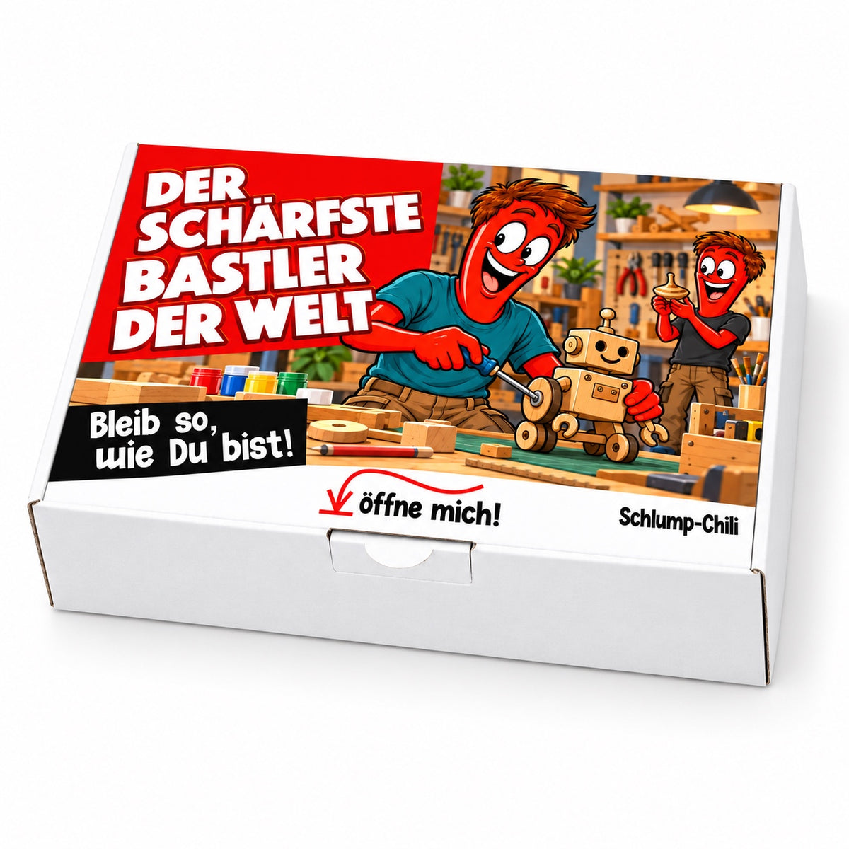 Der schärfste Bastler der Welt – weiße Geschenkbox, Schrägansicht