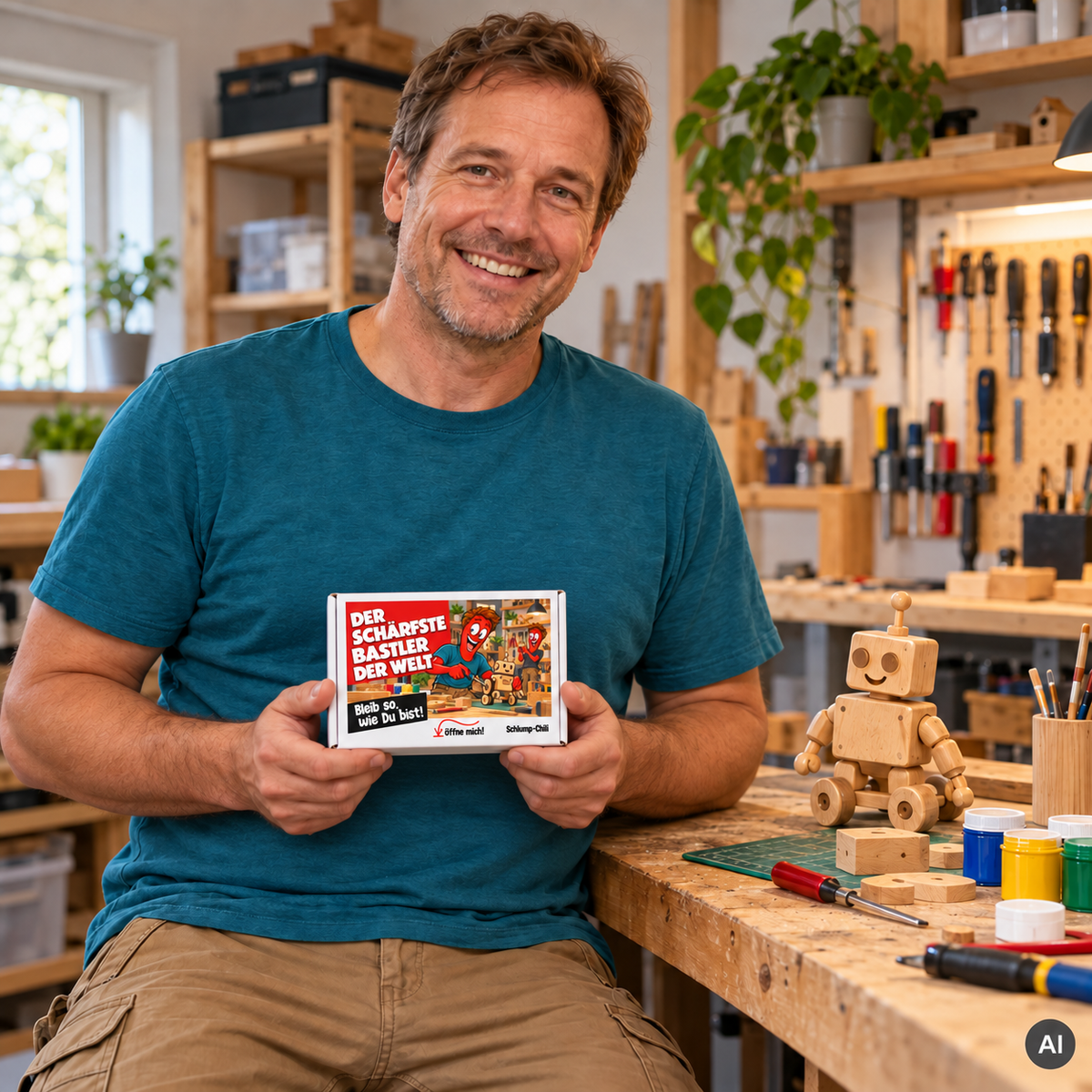 Der schärfste Bastler der Welt – kleine Geschenkbox in der Hand (AI)