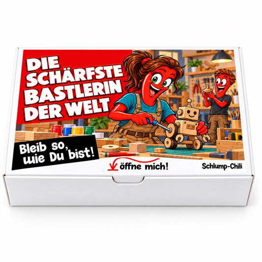Die schärfste Bastlerin der Welt – weiße Geschenkbox, Vorderansicht