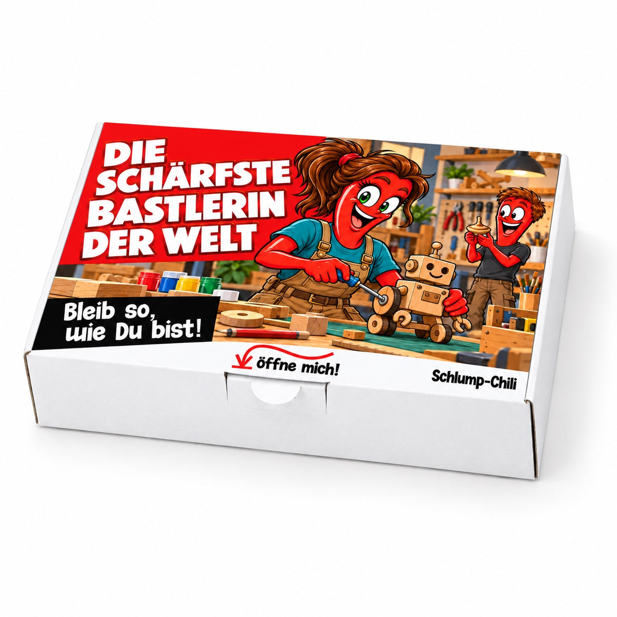 Die schärfste Bastlerin der Welt – weiße Geschenkbox, Schrägansicht