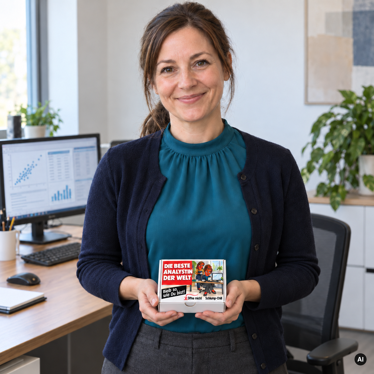 Die beste Analystin der Welt – Lifestylebild mit kleiner Geschenkbox (AI)