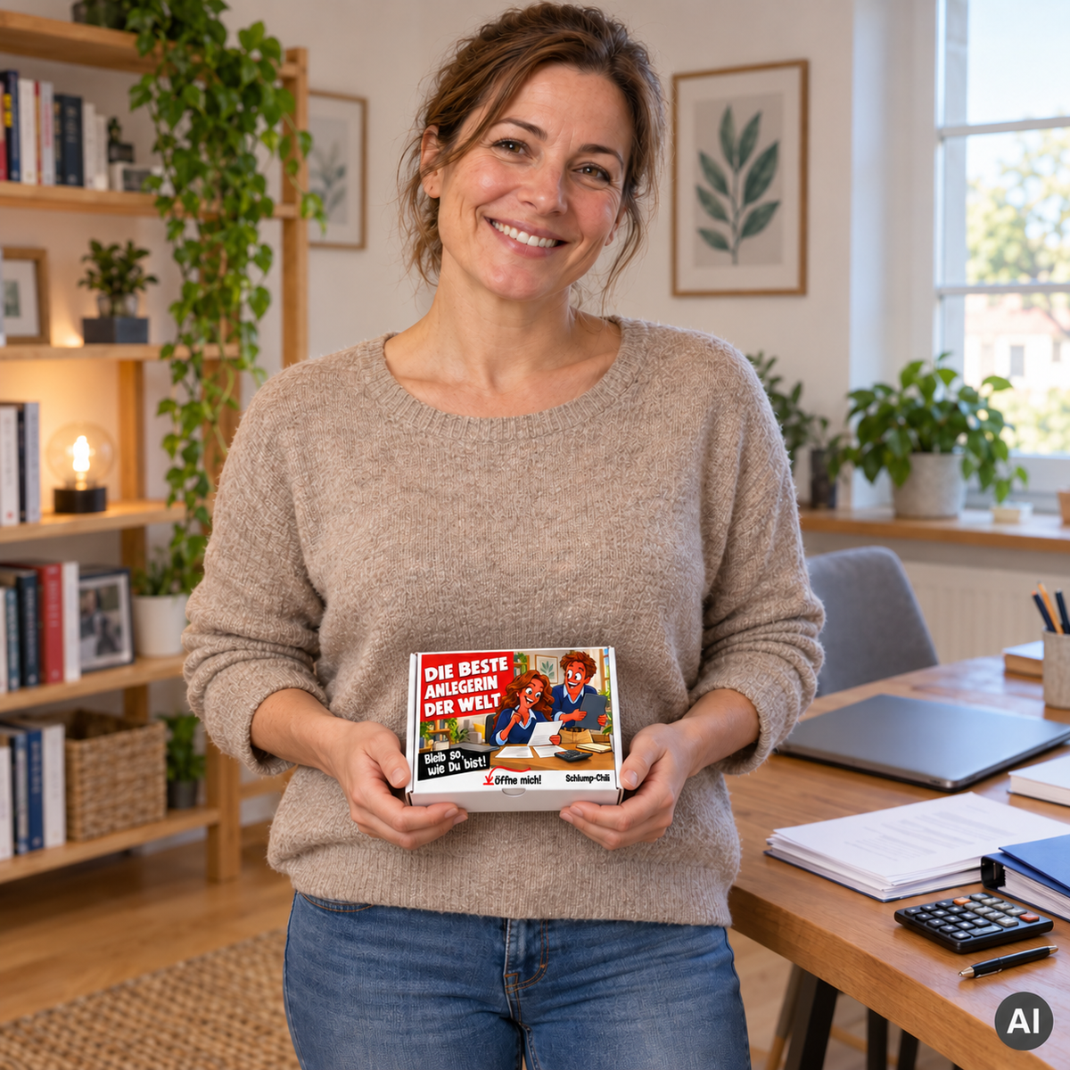 Die beste Anlegerin der Welt – kleine Geschenkbox in der Hand (AI)