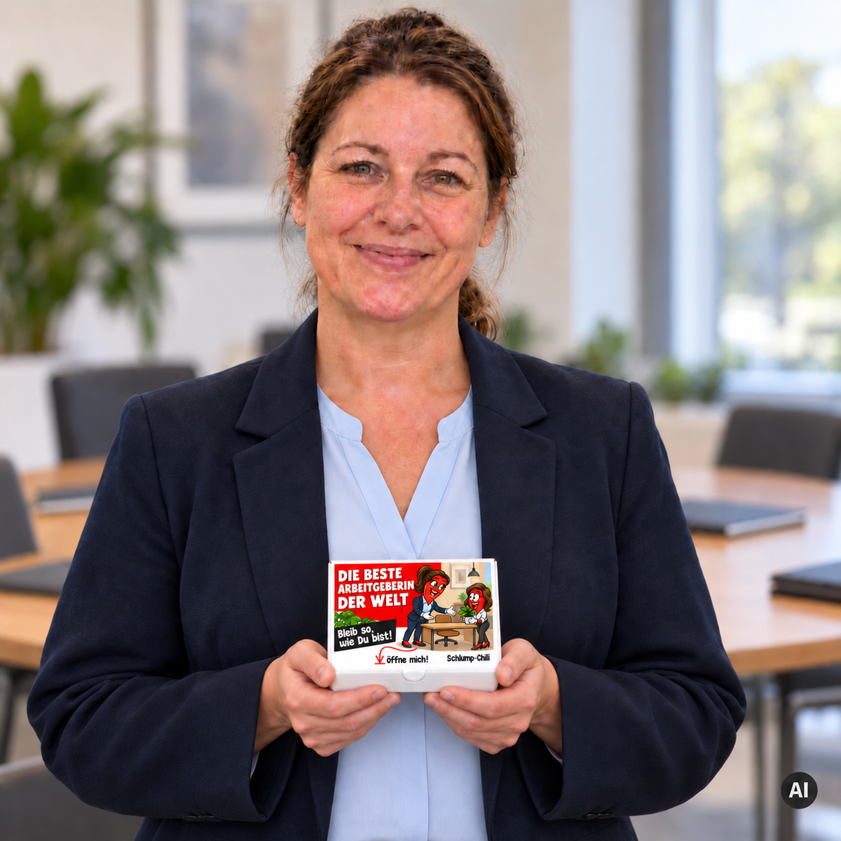 Die beste Arbeitgeberin der Welt – Lifestylebild mit kleiner Geschenkbox (AI)