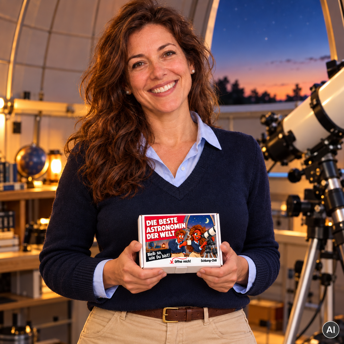 Die beste Astronomin der Welt – kleine Geschenkbox in der Hand (AI)
