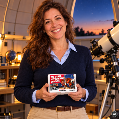 Die beste Astronomin der Welt – kleine Geschenkbox in der Hand (AI)
