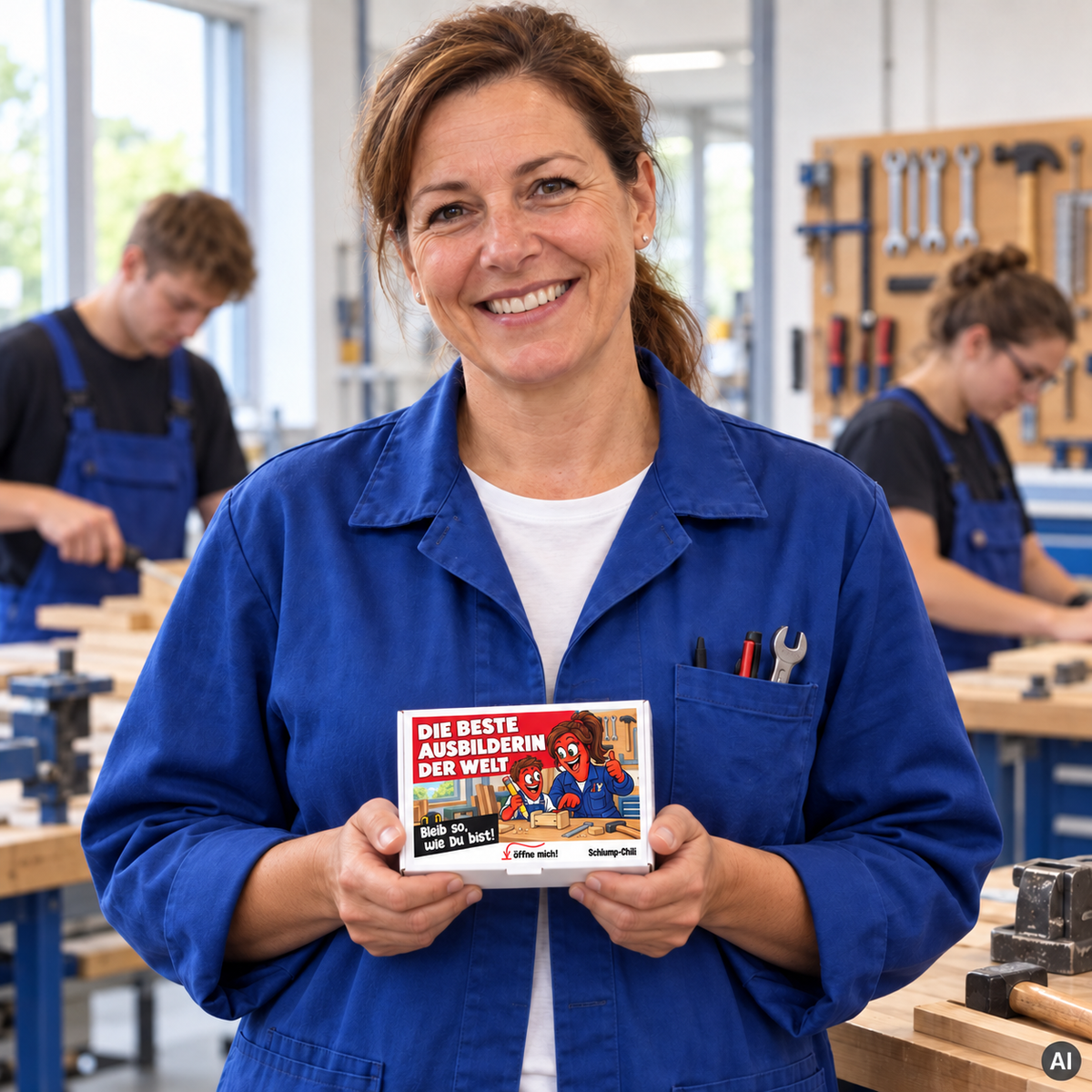 Die beste Ausbilderin der Welt – kleine Geschenkbox in der Hand (AI)