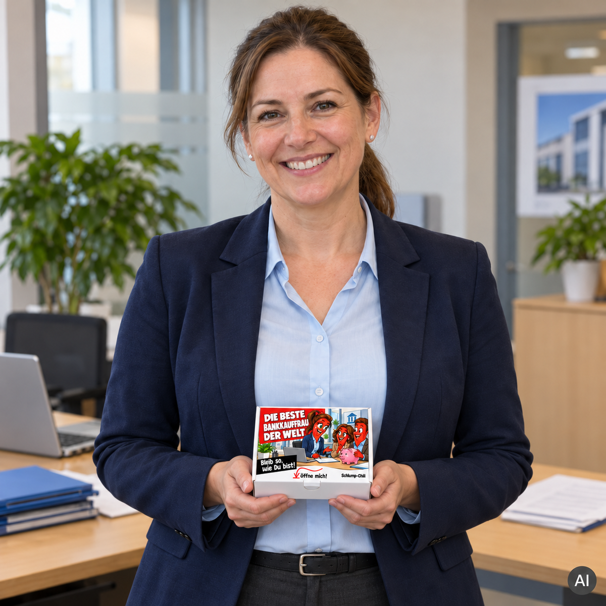 Die beste Bankkauffrau der Welt – kleine Geschenkbox in der Hand (AI)