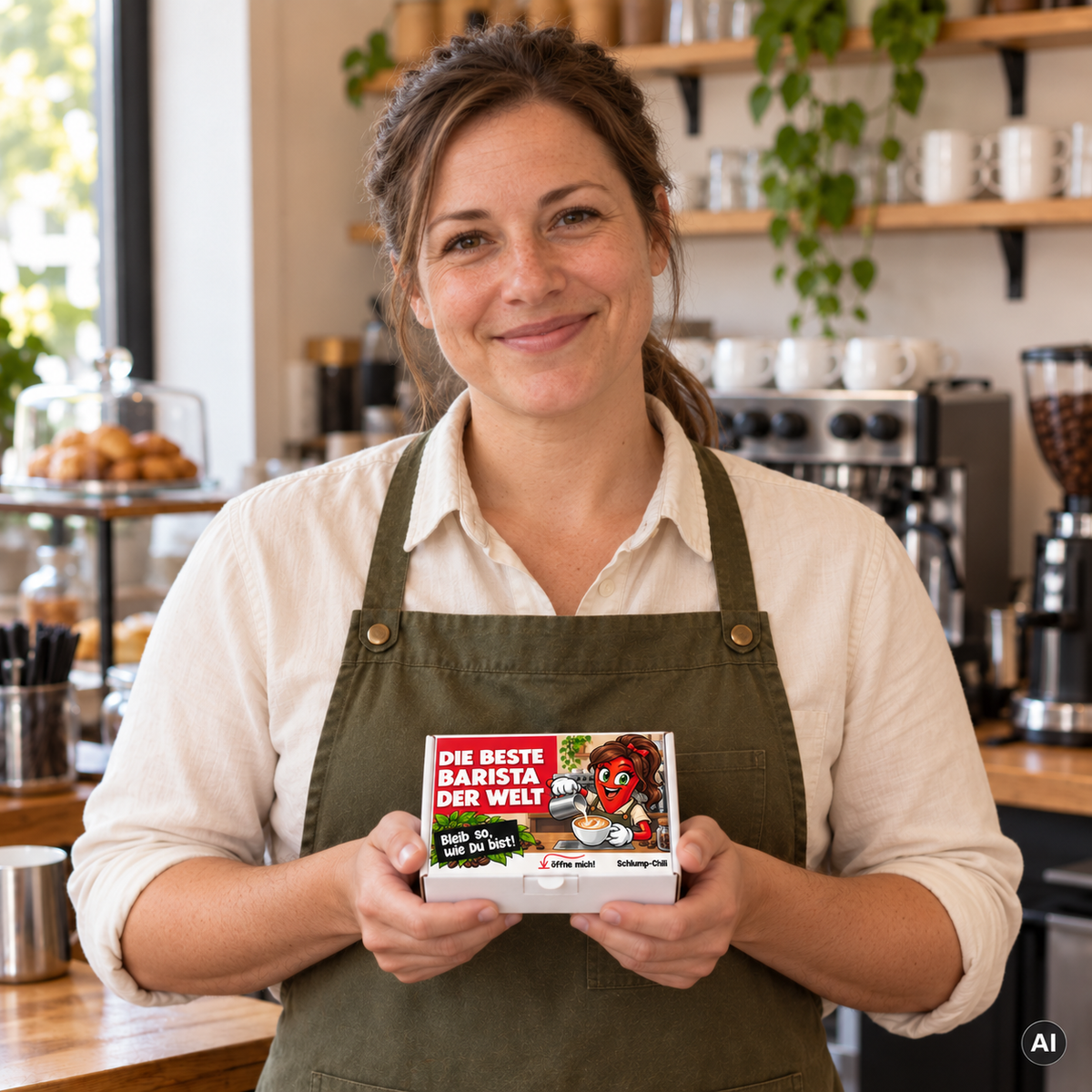 Die beste Barista der Welt – Lifestylebild mit kleiner Geschenkbox (AI)