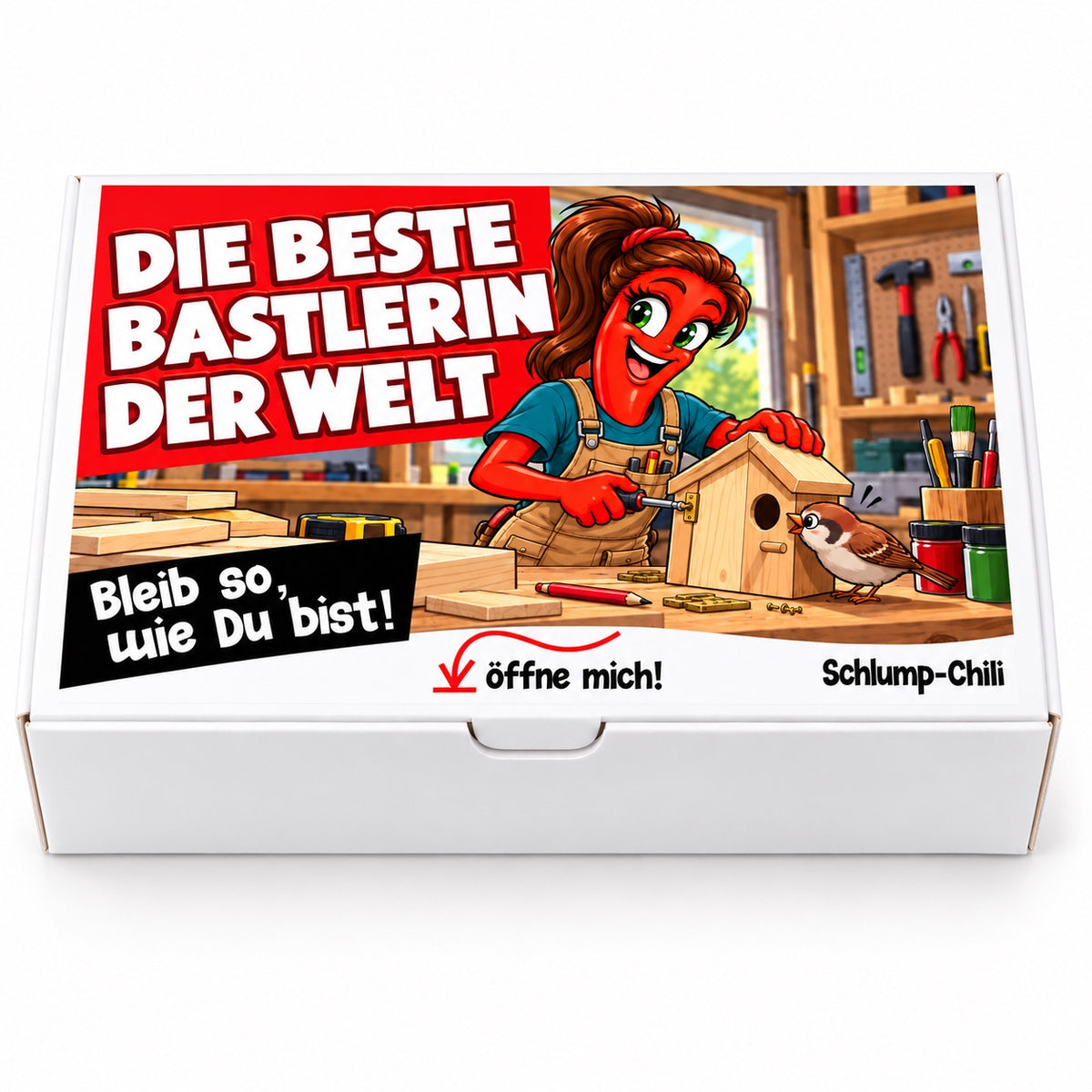 Die beste Bastlerin der Welt – weiße Geschenkbox, Vorderansicht
