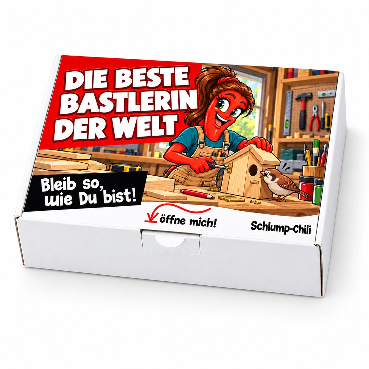Die beste Bastlerin der Welt – weiße Geschenkbox, Schrägansicht