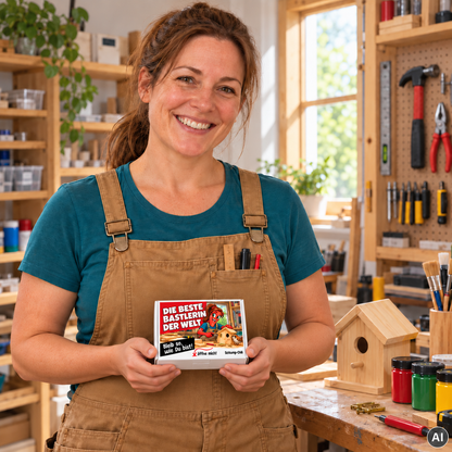 Die beste Bastlerin der Welt – kleine Geschenkbox in der Hand (AI)