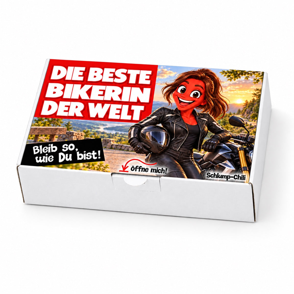 Die beste Bikerin der Welt – weiße Geschenkbox, Schrägansicht