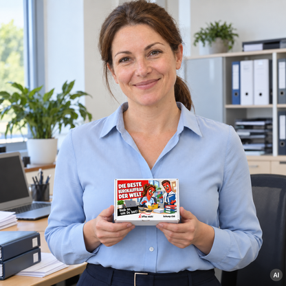 Die beste Bürokauffrau der Welt – kleine Geschenkbox in der Hand (AI)
