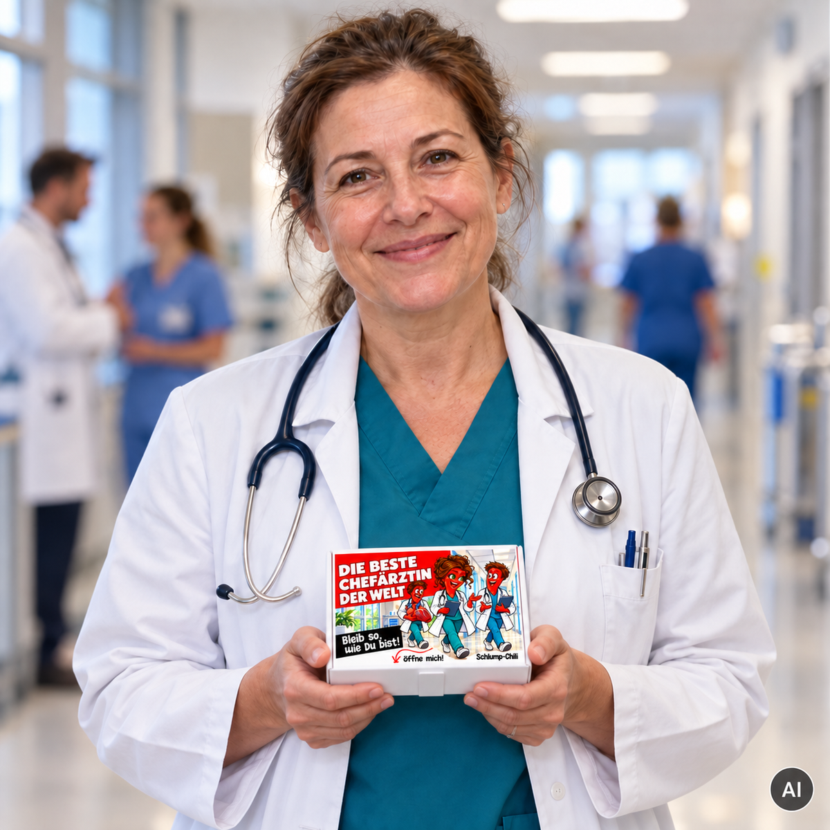 Die beste Chefärztin der Welt – kleine Geschenkbox in der Hand (AI)