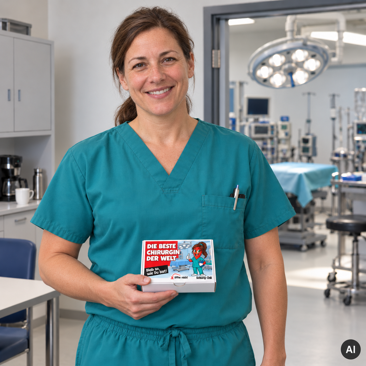 Die beste Chirurgin der Welt – Lifestylebild mit kleiner A6-Geschenkschachtel