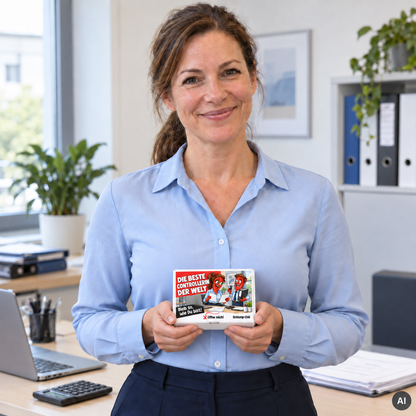 Die beste Controllerin der Welt – kleine Geschenkbox in der Hand (AI)