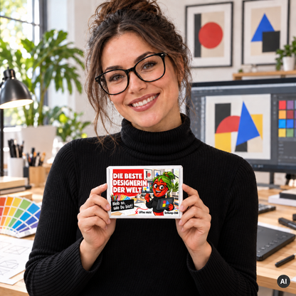 Die beste Designerin der Welt – kleine Geschenkbox in der Hand (AI)