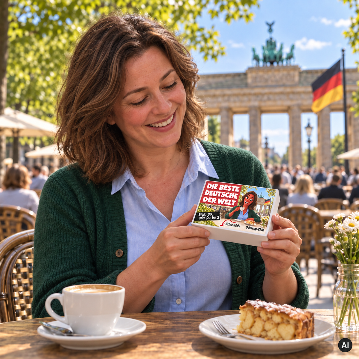 Die beste Deutsche der Welt – kleine Geschenkbox in der Hand (AI)