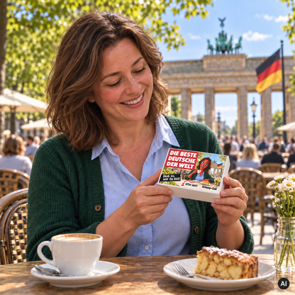 Die beste Deutsche der Welt – kleine Geschenkbox in der Hand (AI)