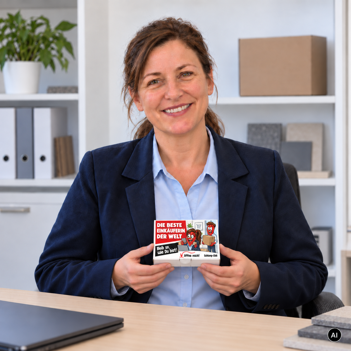 Die beste Einkäuferin der Welt – Lifestylebild mit kleiner A6-Geschenkschachtel