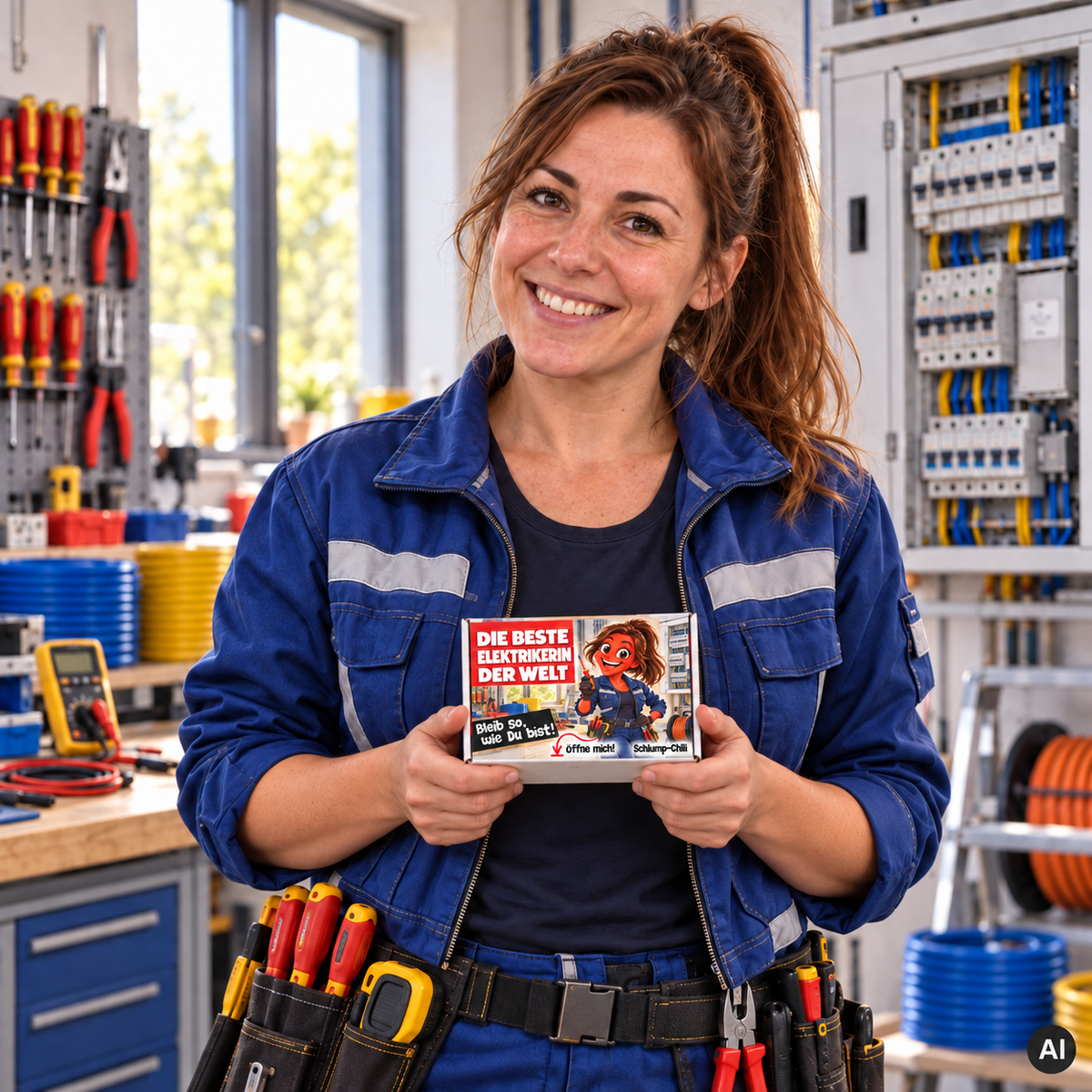 Die beste Elektrikerin der Welt – kleine Geschenkbox in der Hand (AI)