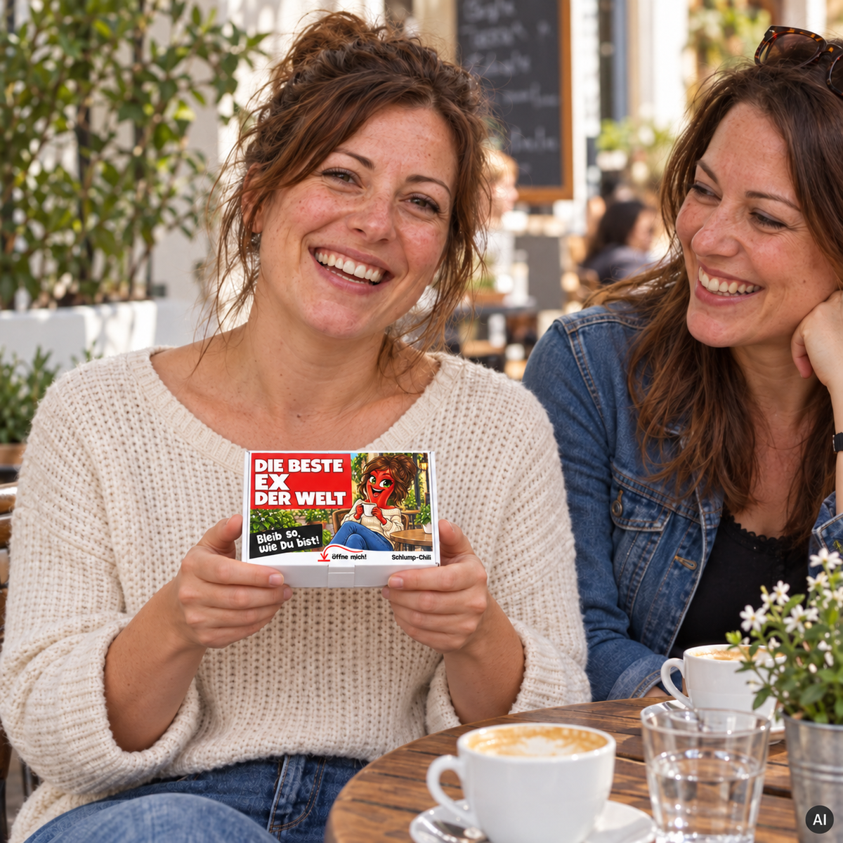 Die beste Ex der Welt – kleine Geschenkbox in der Hand (AI)