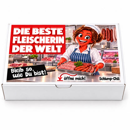 Die beste Fleischerin der Welt – weiße Geschenkbox, Vorderansicht