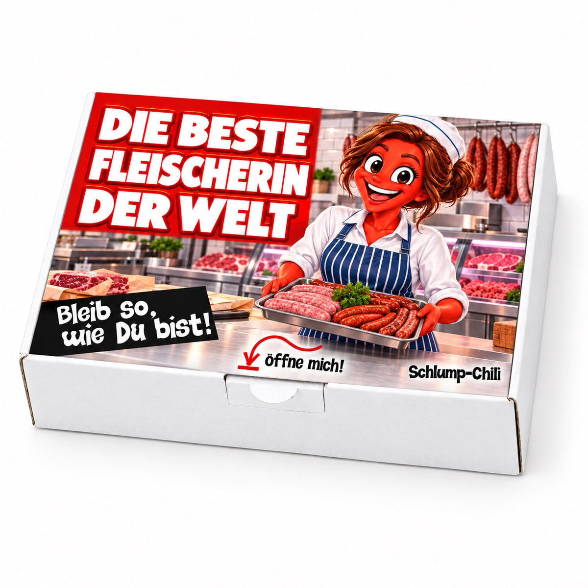 Die beste Fleischerin der Welt – weiße Geschenkbox, Schrägansicht