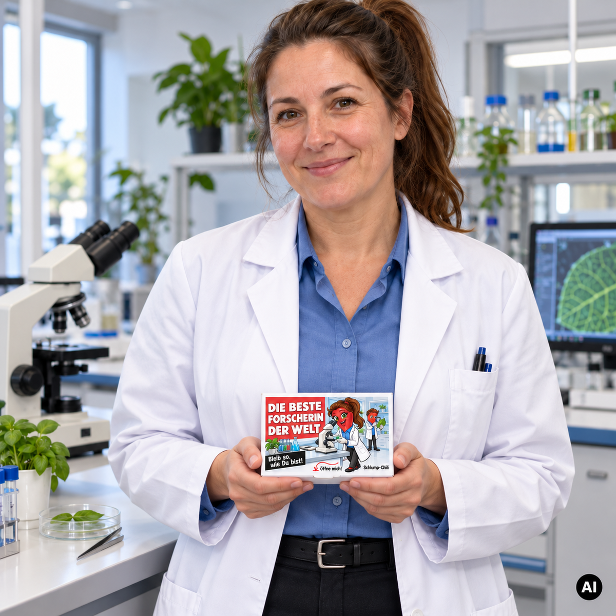 Die beste Forscherin der Welt – Lifestylebild mit kleiner A6-Geschenkschachtel