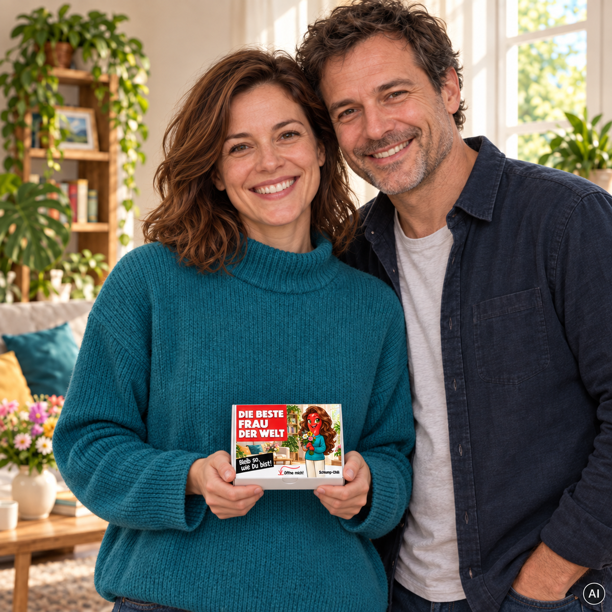 Die beste Frau der Welt – kleine Geschenkbox in der Hand (AI)