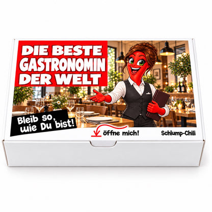 Die beste Gastronomin der Welt – Geschenkbox Vorderansicht