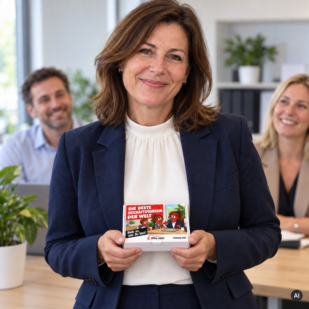 Die beste Geschäftsführerin der Welt – kleine Geschenkbox in der Hand (AI)