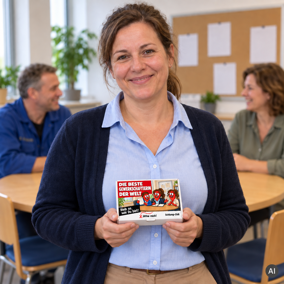 Die beste Gewerkschaftlerin der Welt – kleine Geschenkbox in der Hand (AI)
