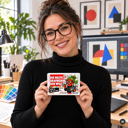Die beste Grafikerin der Welt – kleine Geschenkbox in der Hand (AI)