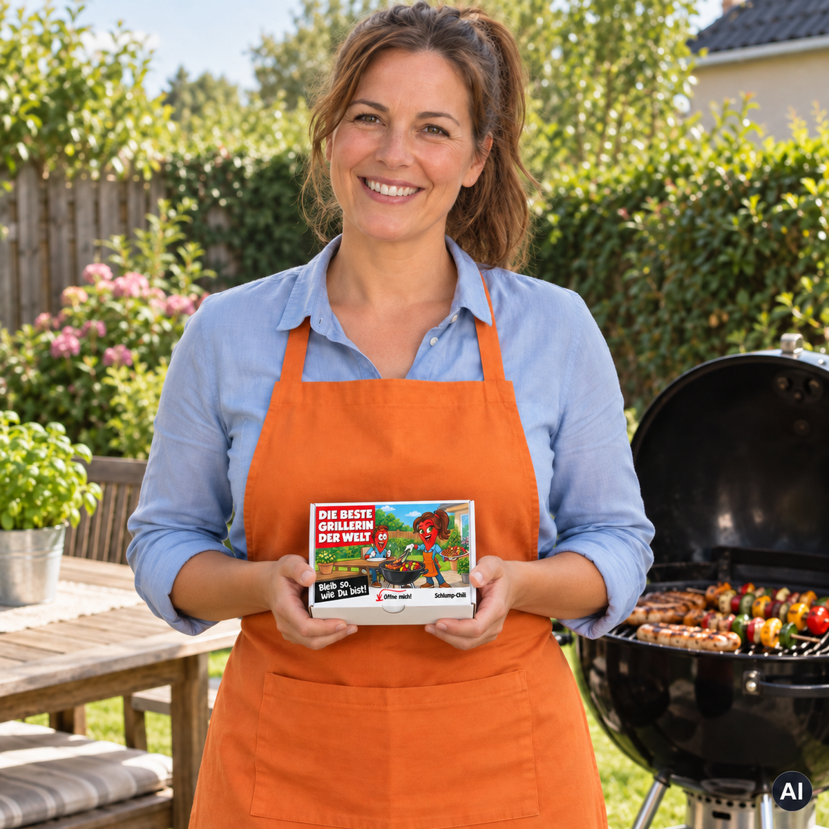 Die beste Grillerin der Welt – Lifestylebild mit kleiner A6-Geschenkschachtel