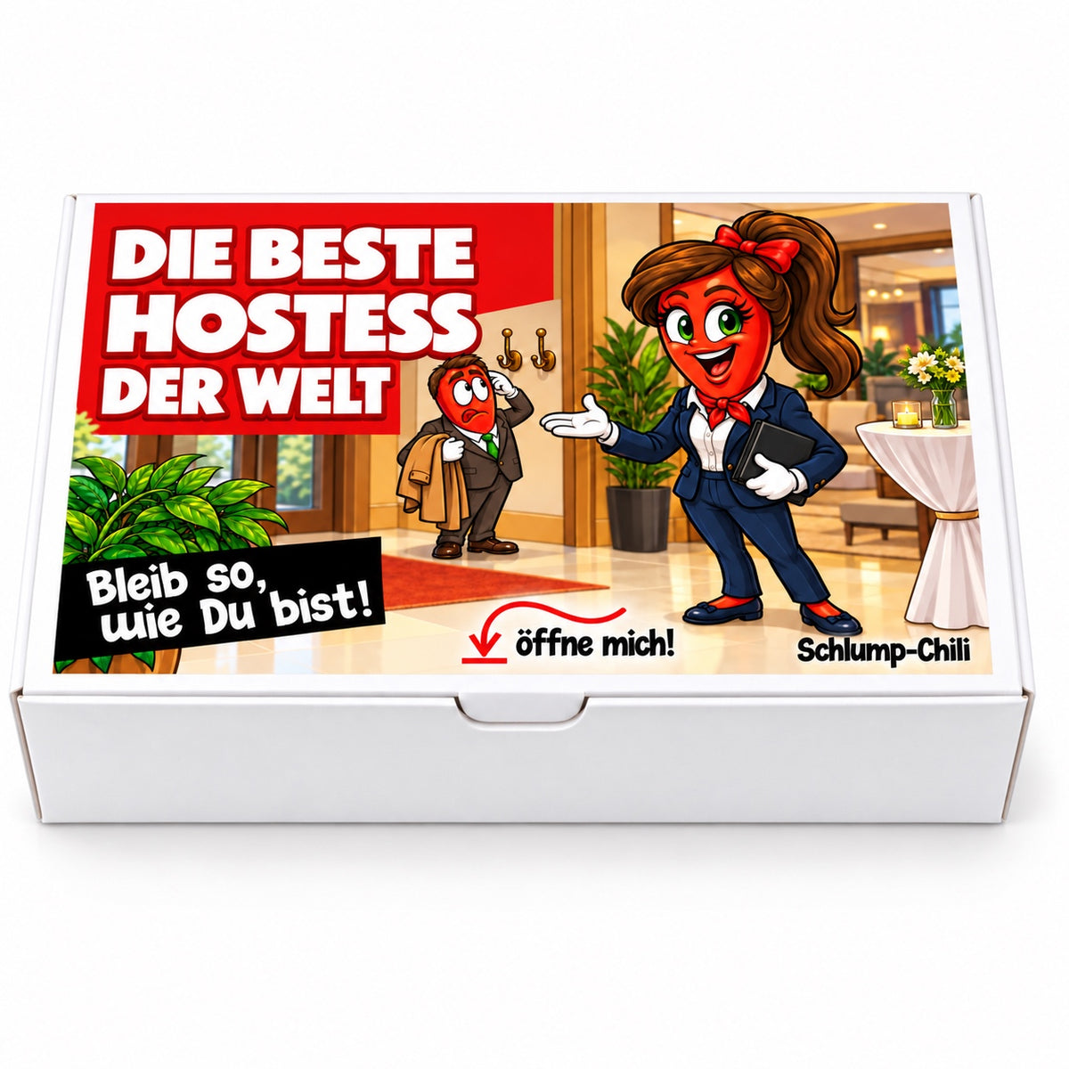 Die beste Hostess der Welt – Frontansicht der Chili-Geschenkbox