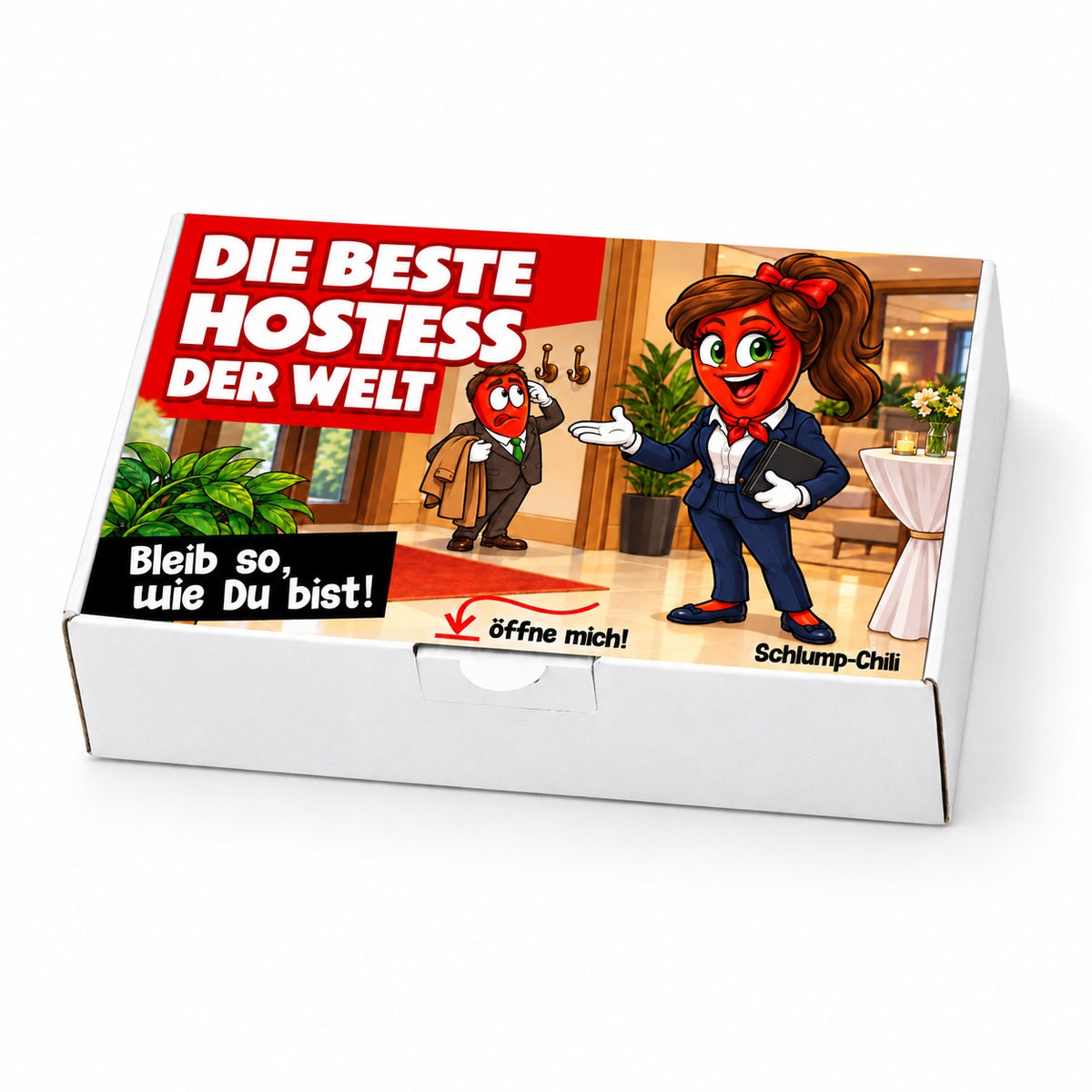 Die beste Hostess der Welt – Schrägansicht der Chili-Geschenkbox