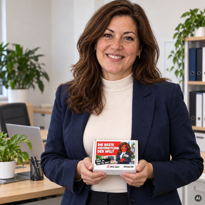 Die beste Jobvermittlerin der Welt – kleine Geschenkbox in der Hand (AI)
