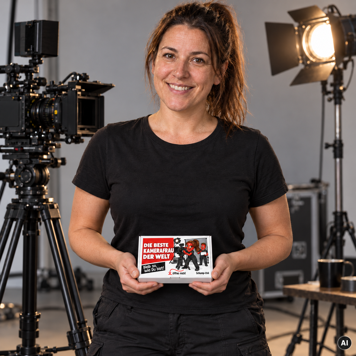 Die beste Kamerafrau der Welt – Lifestylebild mit kleiner A6-Geschenkschachtel