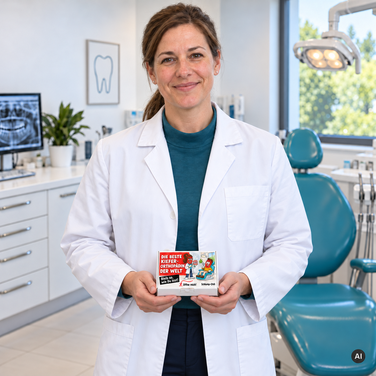 Die beste Kieferorthopädin der Welt – Lifestylebild mit kleiner Geschenkbox (AI)