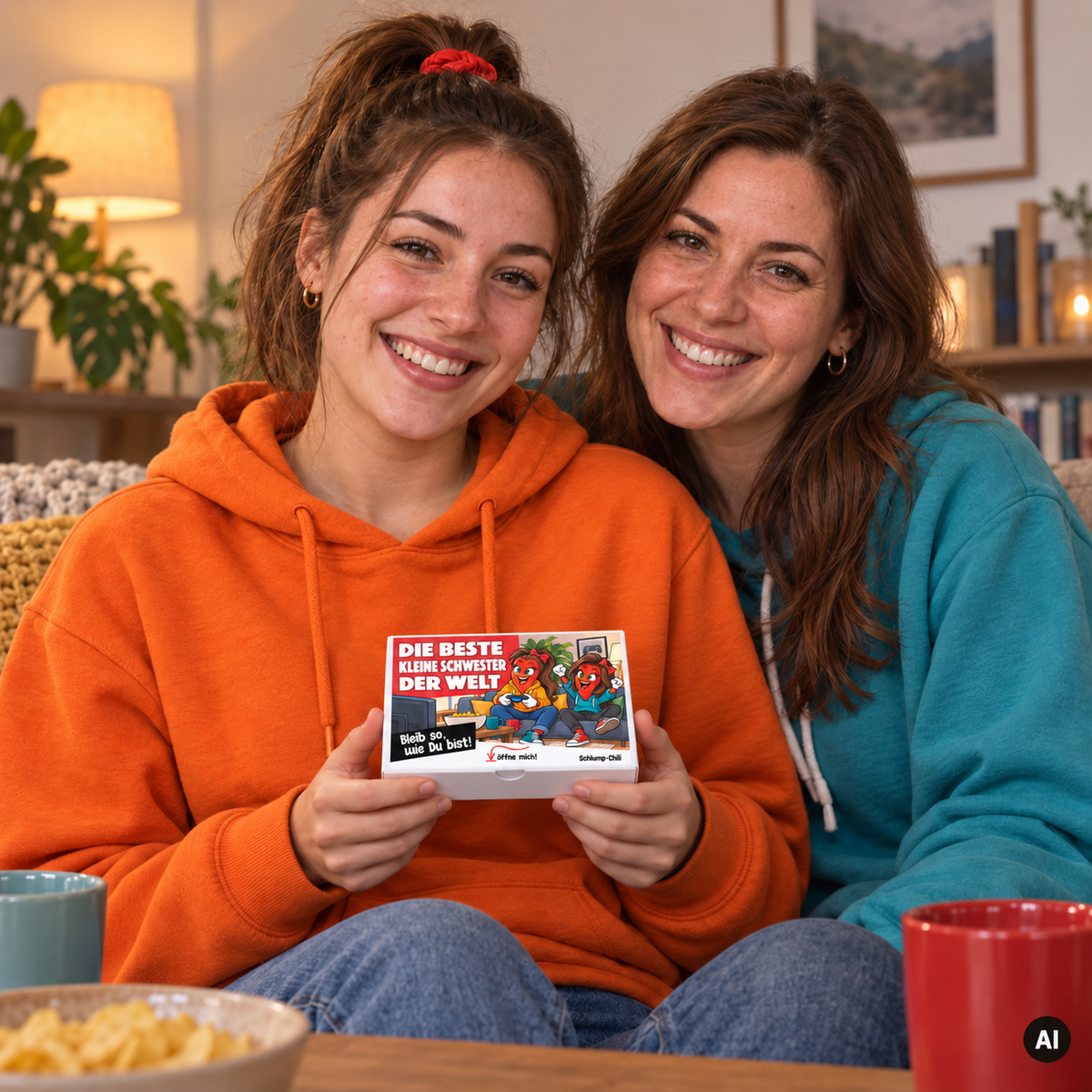 Die beste kleine Schwester der Welt – Lifestylebild mit kleiner A6-Geschenkschachtel
